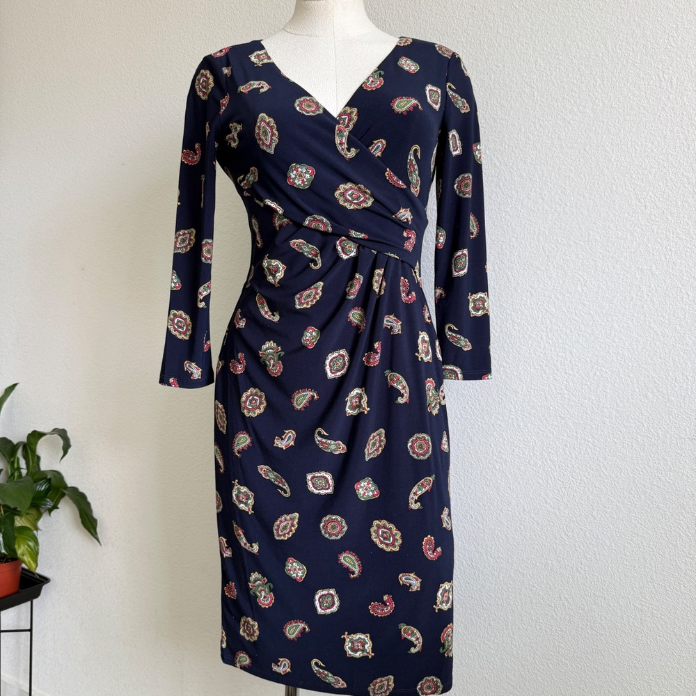 Lauren Ralph Lauren Womens Navy Paisley Wrap Midi Dress 0 Stretch